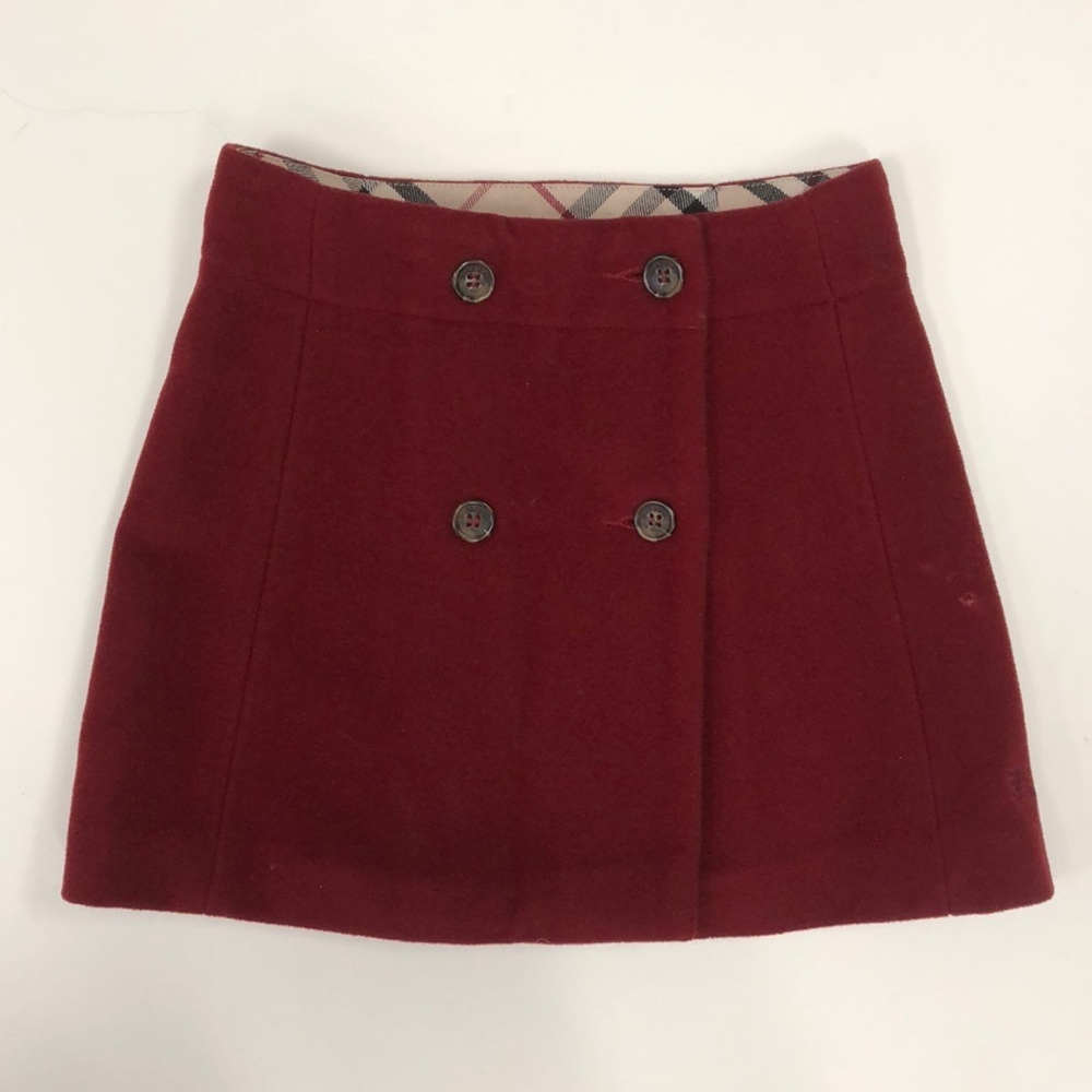 Burberry Girls Burgundy Wool Double Breasted Button Front Skirt Size 6 NovaCheck